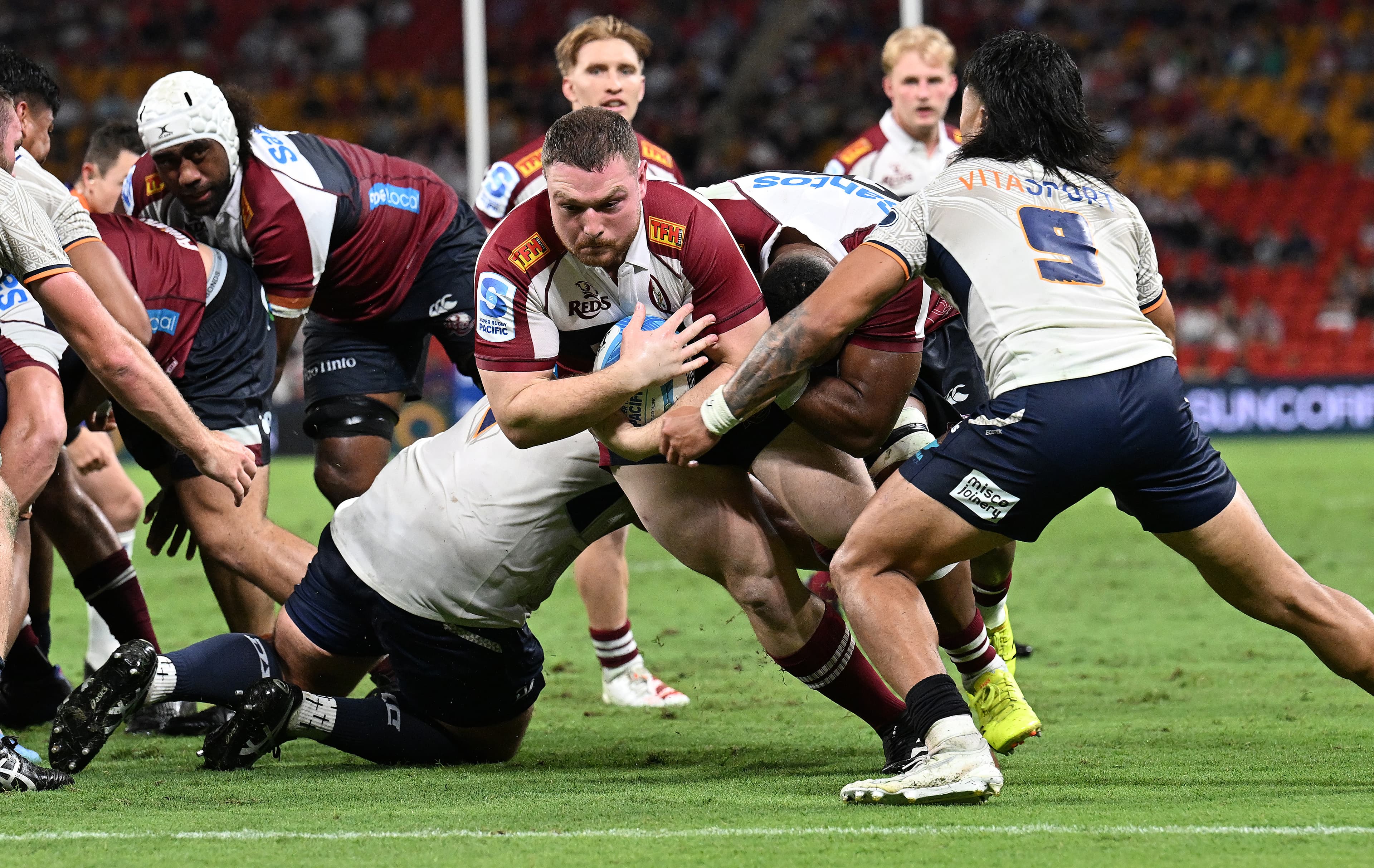 Reds hooker Matt Faessler sizes up the tryline against Moana Pasifika this year