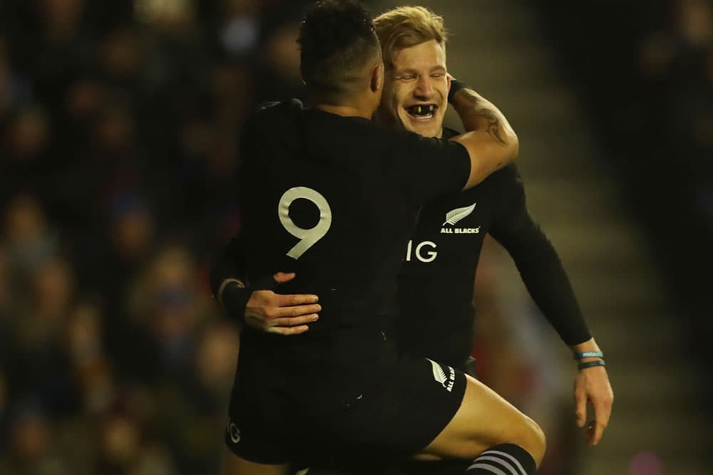 Damian McKenzie celebrates an All Blacks win. Photo: Getty Images