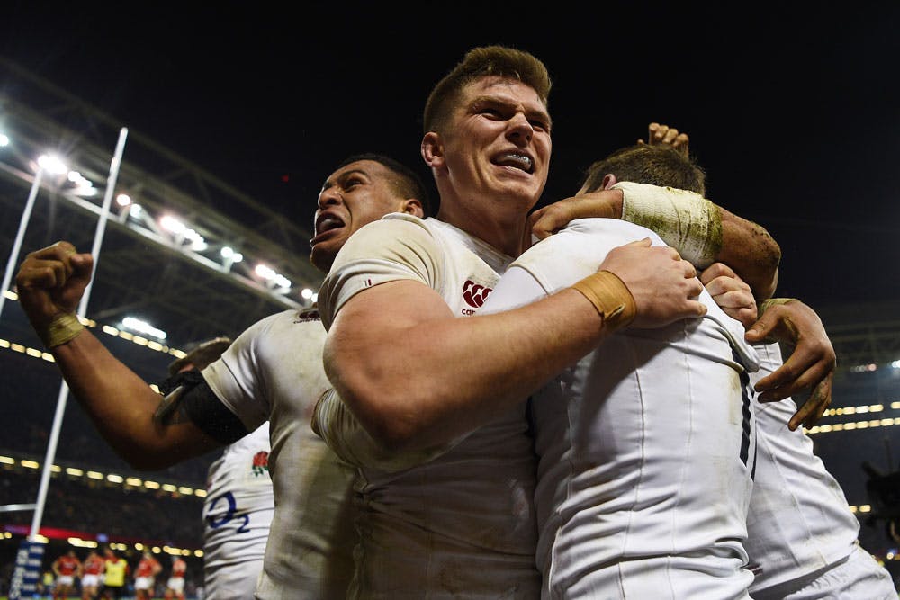 Owen Farrell celebrates with his England teammates. Photo; Getty Images