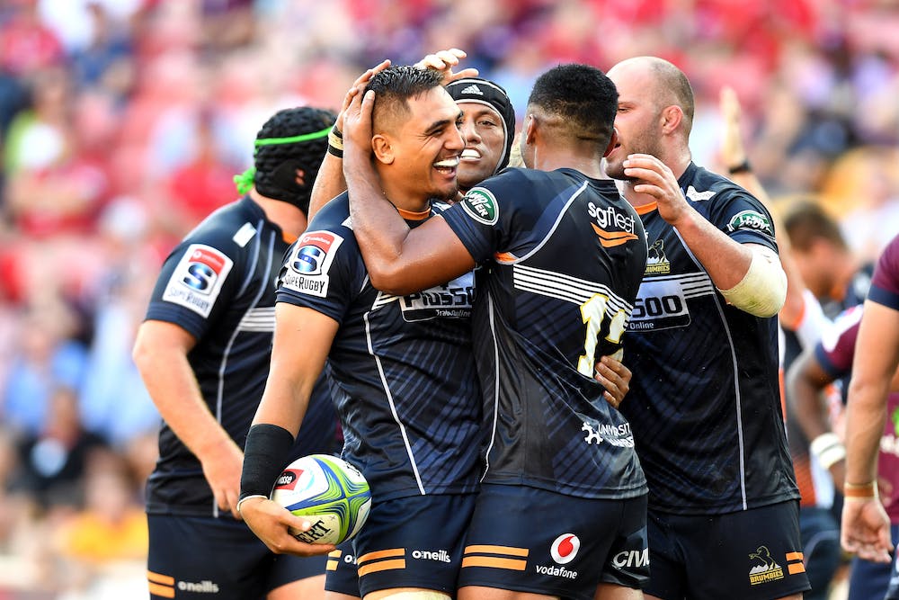 Jahrome Brown celebrates with Brumbies teammates. Photo: Getty Images