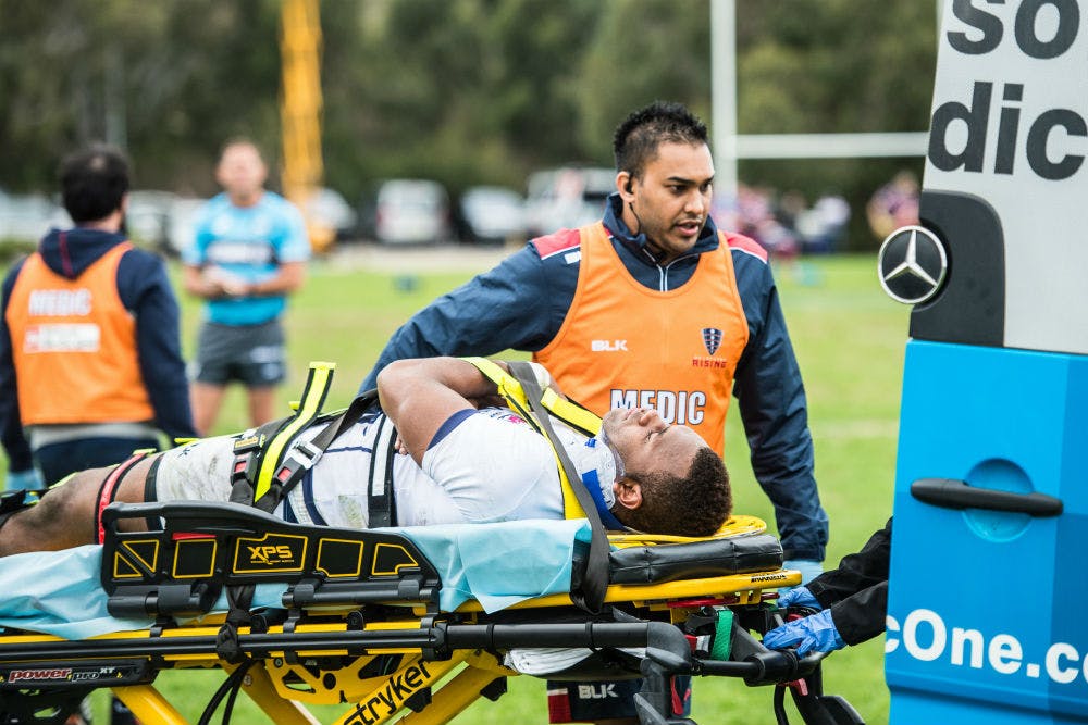 Eto Nabuli was taken from the field in an ambulance after attempting a try-saving tackle. Photo: ARU Media/Stu Walmsley