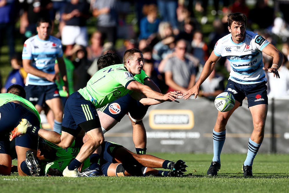 Jake Gordon watches on as the Highlanders clear the ball in Alexandra. Photo: Getty Images