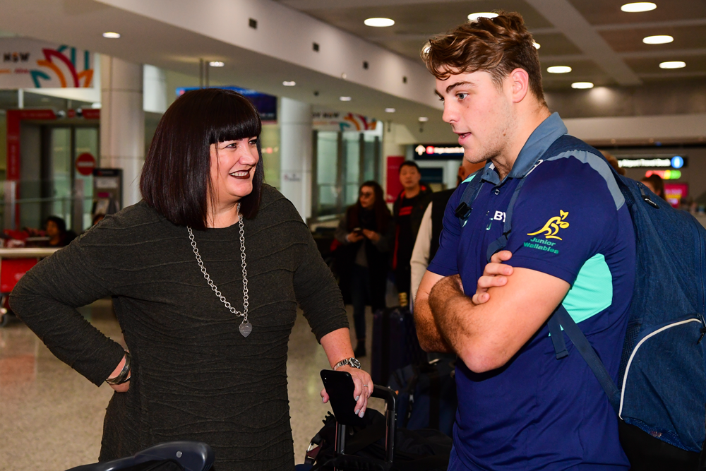Rugby AU CEO Raelene Castle and Junior Wallabies captain Fraser McReight after Australia's positive World Rugby U20s campaign. Photo: RUGBY.com.au/Stuart Walmsley