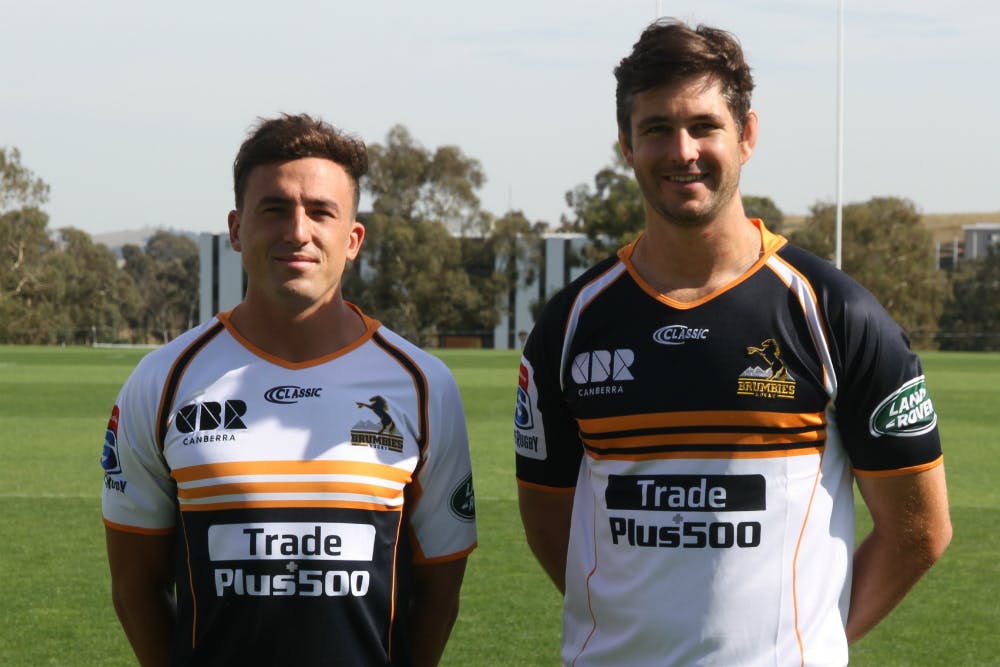 Tom Banks and Sam Carter sport the new look Brumbies kit. Photo: Brumbies Rugby Media