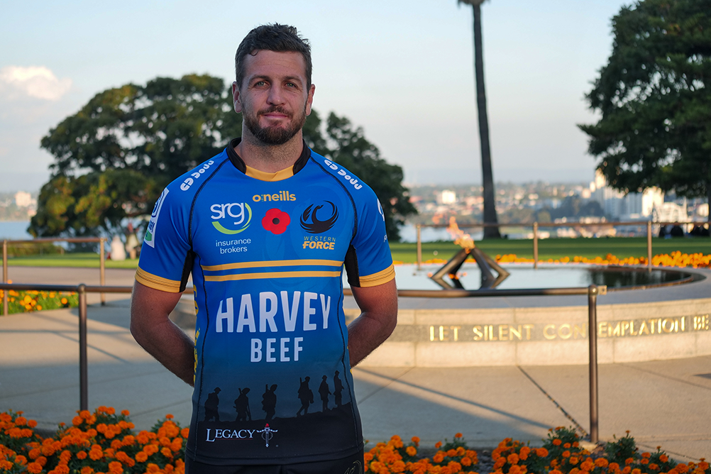 Western Force captain, Ian Prior poses in the Force's Anzac Round Jersey | Supplied 