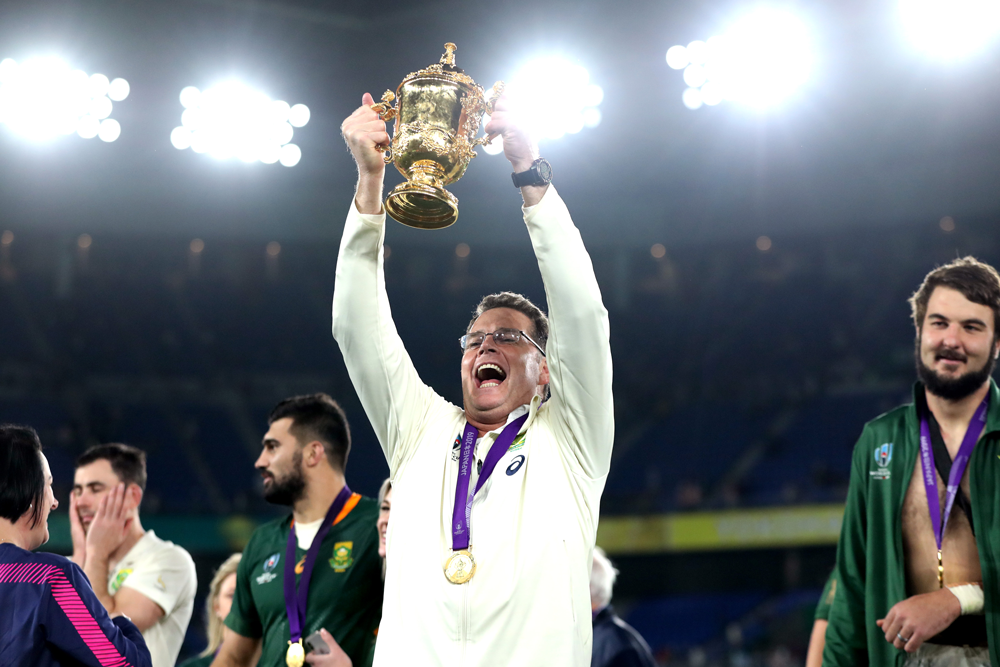 Rassie Erasmus lifts the Rugby World Cup. Photo: Getty Images