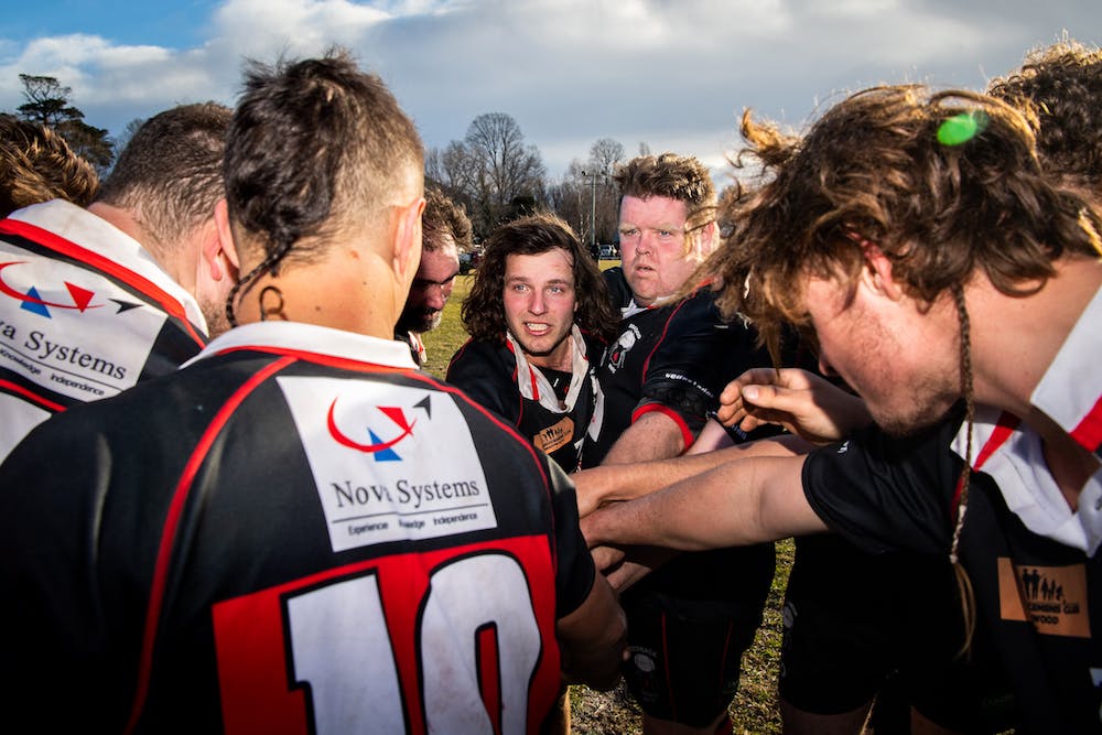 Braidwood’s half-time huddle during a clash with Jindabyne in 2018. Photo: Rugby AU Media/Stuart Walmsley