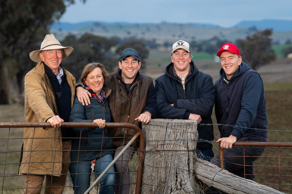 Malcolm and Prue Sinclair with sons Angus (28), Hamish (21) and Hugh (25) on the family farm at Greenethorpe, NSW. Photo: Rugby AU Media/Stuart Walmsley