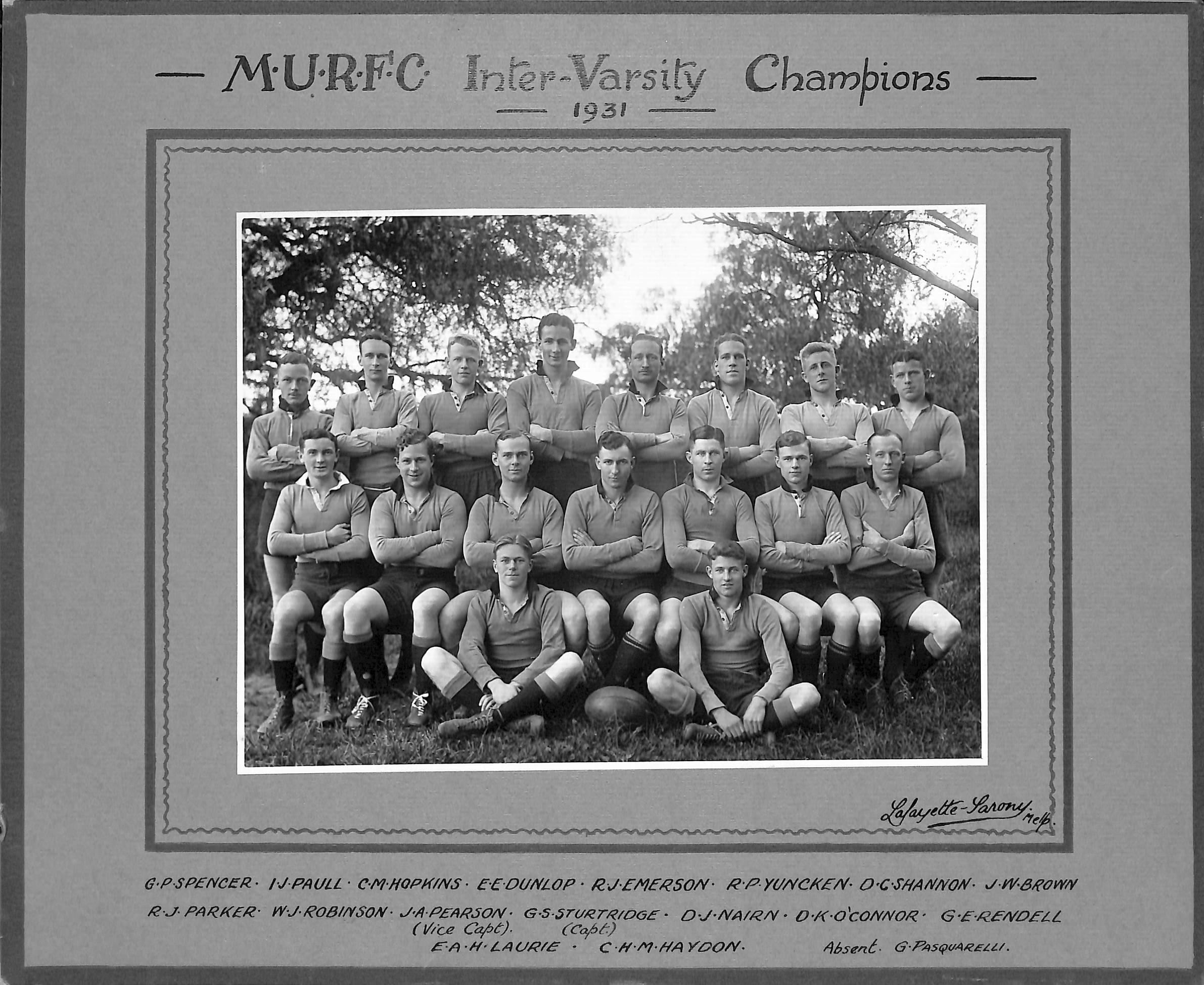 Club team photograph Melbourne University - Inter-Varsity Champions