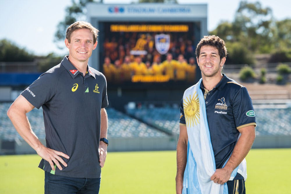 Stephen Larkham and Tomas Cubelli will be foes in September. Photo: RUGBY.com.au/Stuart Walmsley