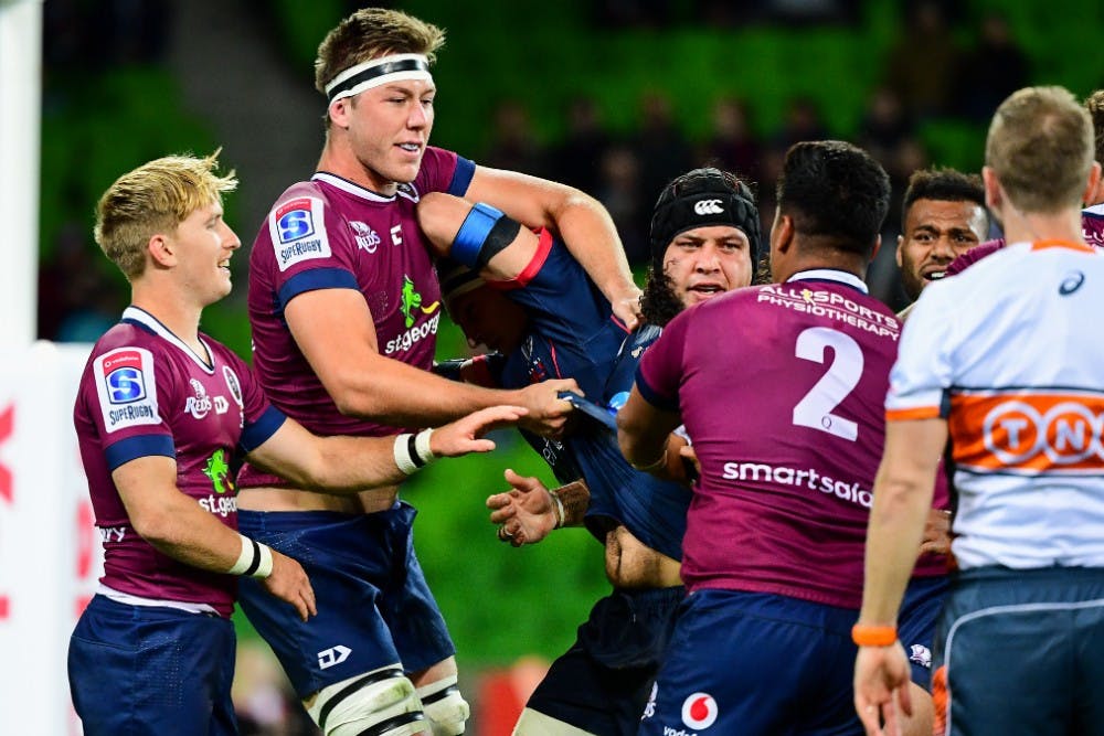 Angus Blyth gets physical against the Rebels. Photo: Getty Images