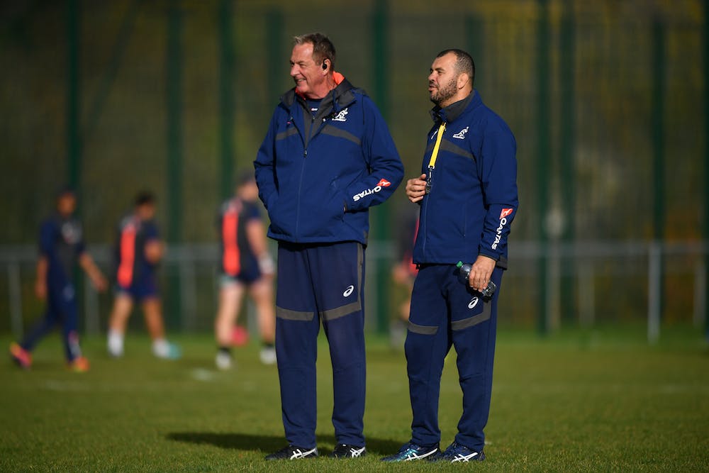 Michael Cheika chats with Mick Byrne at training in Newport. Photo: Getty Images