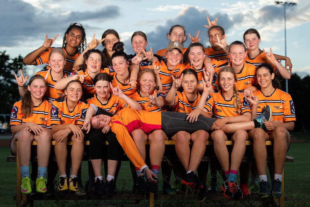 Junior girls in Charters Towers with coach Bianca Phillott. Photo: Rugby AU Media/Stuart Walmsley