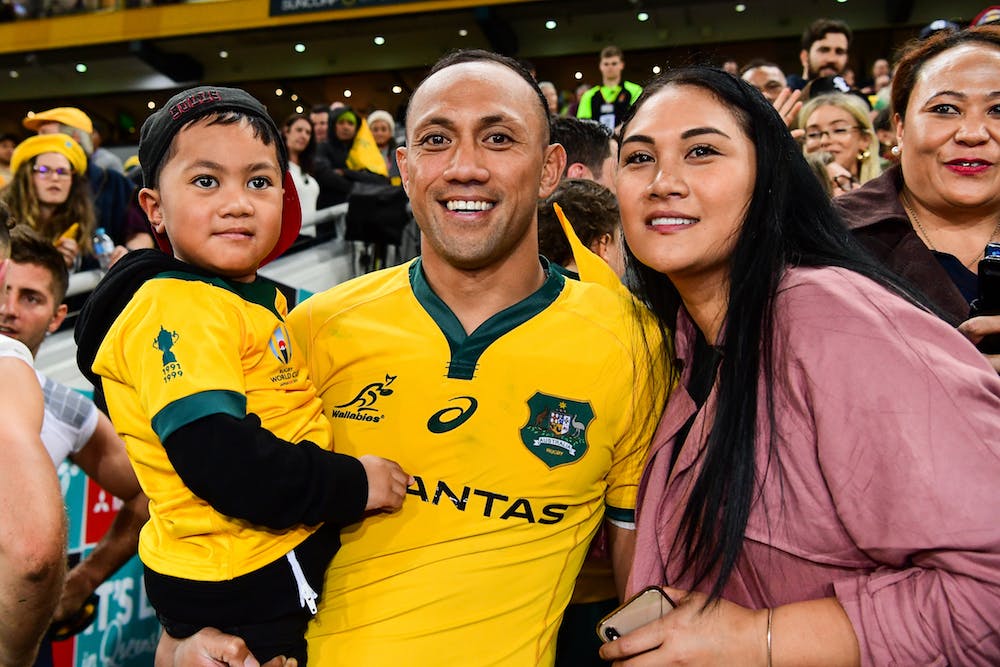 Christian Lealiifano, with son Jeremih and wife Luga, has been nominated for Laureus Comeback of the Year award. Photo: Stuart Walmsley/RUGBY.com.au