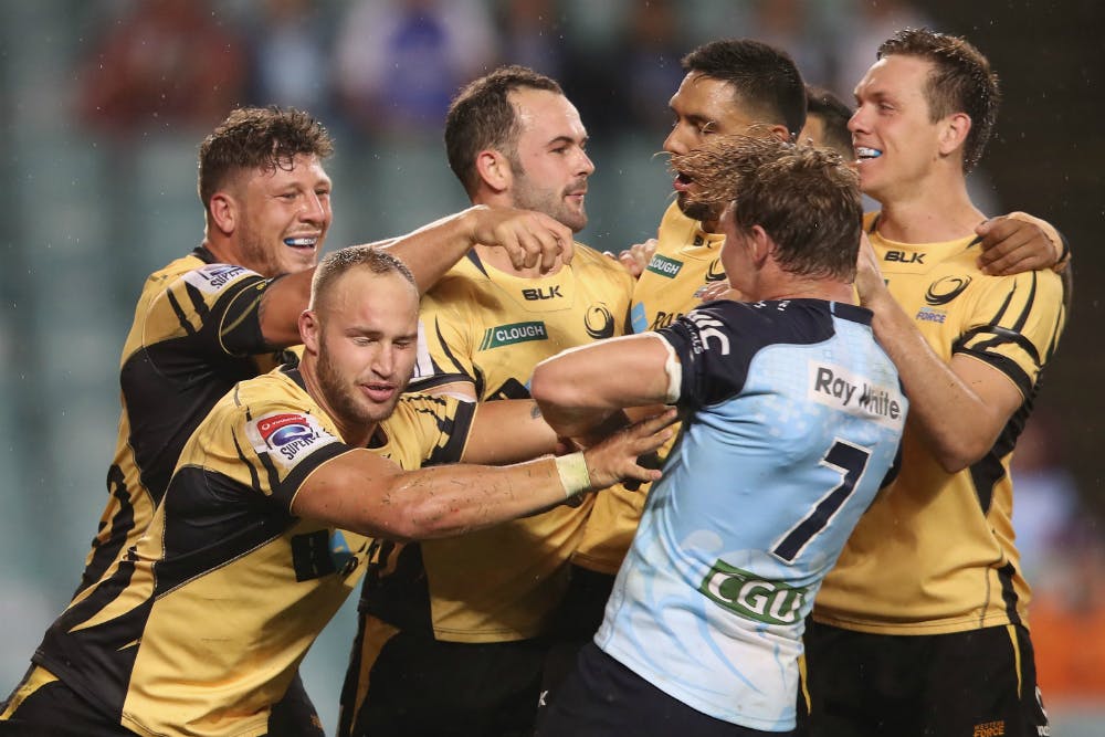 Jono Lance and the Force celebrate their only try on Saturday night. Photo: Getty Images