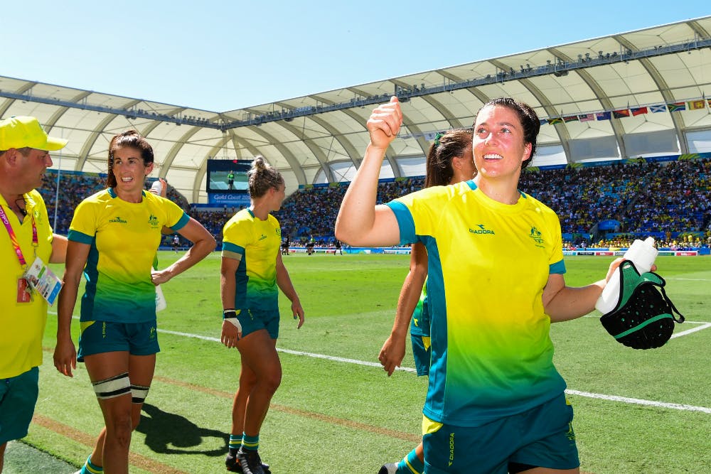 All smiles for Emilee Cherry and the Aussie Women. Photo: RUGBY.com.au/Stuart Walmsley
