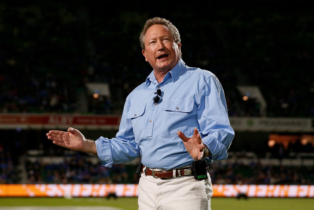 Andrew Forrest explains his World Series Rugby vision in Perth. Photo: Getty Images