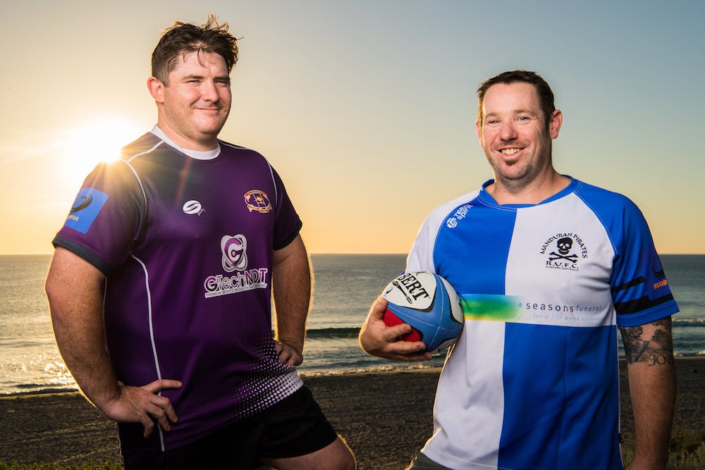 Rockingham's Robert Watson and Bevan Williams of Mandurah Pirates - who both now play for Coastal Cavaliers. Photo: Rugby AU Media/Stuart Walmsley