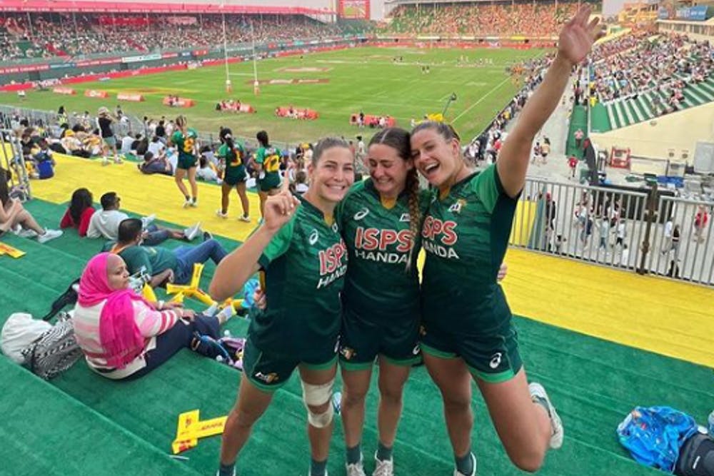 Winning smiles... (from left) Kaitlin Shave, Faythe Manera and Bella Nasser in Dubai with Australia A. Photo: Instagram