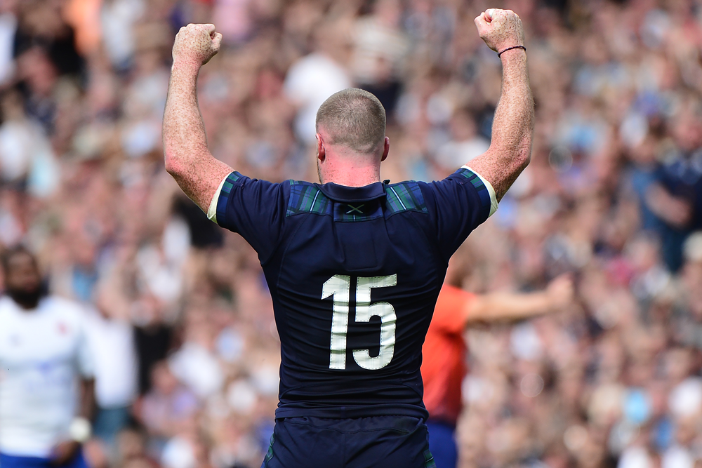 Stuart Hogg celebrates Scotland's win over France in the 2020 competition. Photo: Getty images"