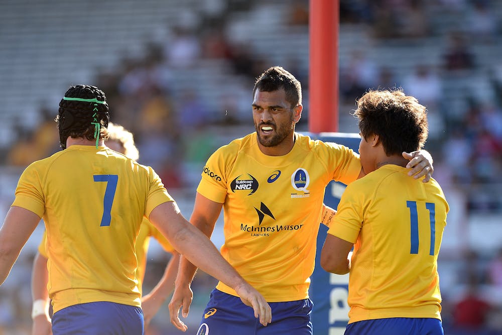 Junior Laloifi of Brisbane City is congratulated by Karmichael Hunt. Photo: Getty Images