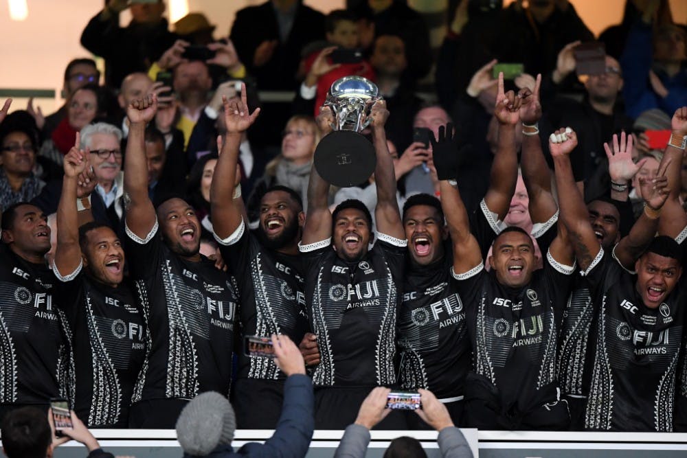 Fiji lift the Killik Cup after beating the Barbarians at Twickenham. Photo: Getty Images
