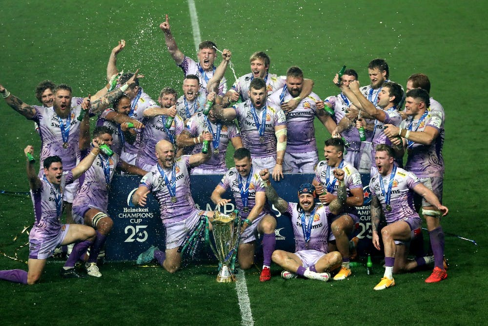 Exeter Chiefs captain's Jack Yeandle and Joe Simmonds lift the Heineken Champions Cup Trophy. Photo: Getty Images