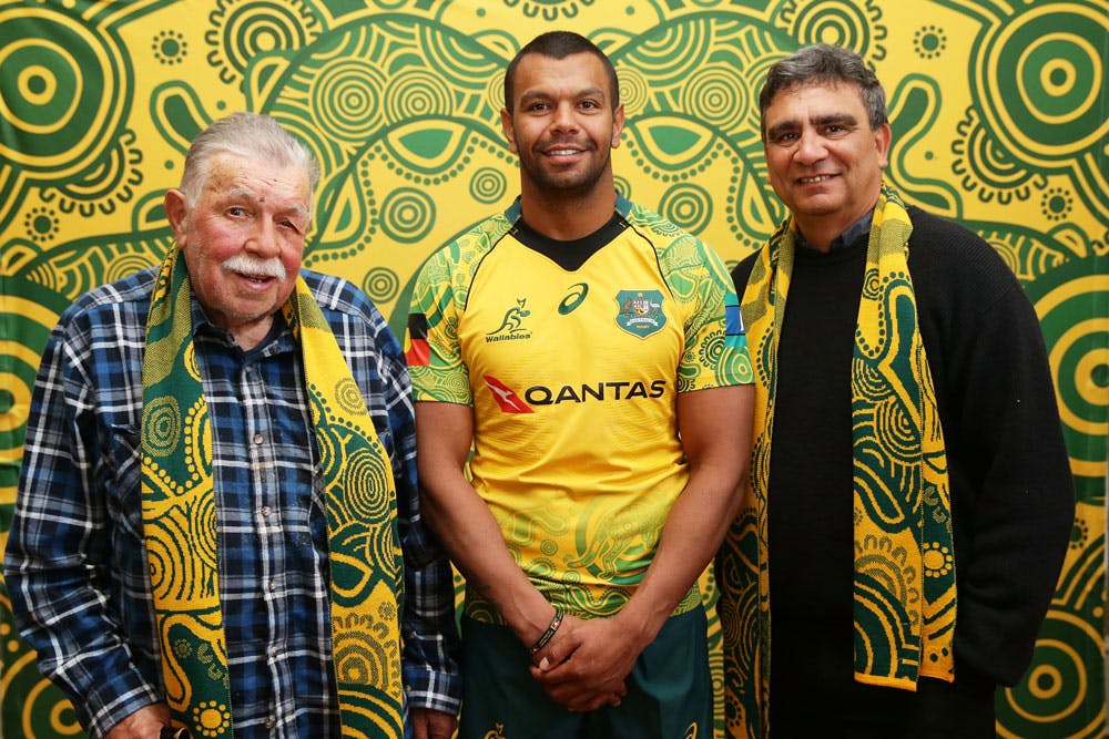 Lloyd McDermott (left) with Kurtley Beale and Gary Ella at the confirmation of the Wallabies Indigenous jersey. Photo: Getty Images