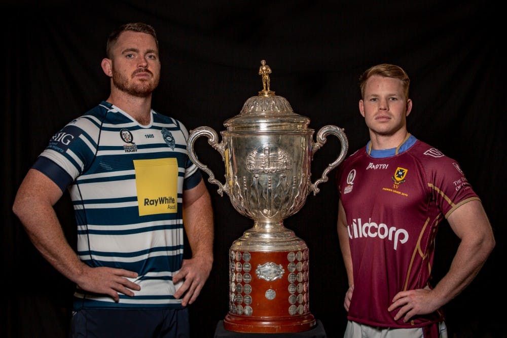 Tom Moloney and James Dalgleish posed with the Hospital Cup. Photo: QRU Media/Brendan Hertel