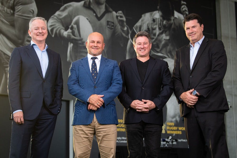 Nine CEO Hugh Mark (L) has paid tribute to Rugby Australia's CEO Rob Clarke (2nd left) and Chairman Hamish McLennan (R). Photo: Stu Walmsley/Rugby Australia