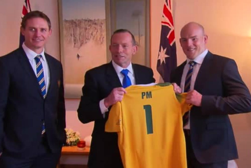 Former Prime Minister Tony Abbott meets Stephen Larkham and Stephen Moore in 2015. Photo: Supplied.