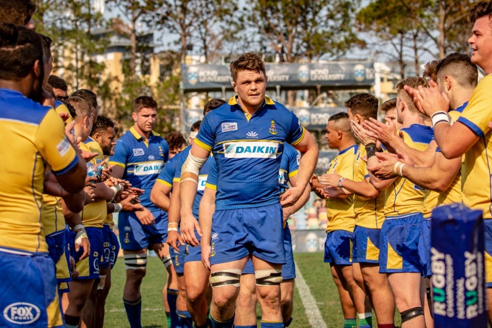 Lachlan Swinton leads Sydney from the field after their NRC loss to Brisbane City on the Gold Coast. Photo: QRU Media/Brendan Hertel 