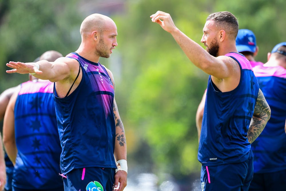 Quade Cooper and Billy Meakes have struck a strong connection, on and off the field. Photo: Stu Walmsley/RUGBY.com.au