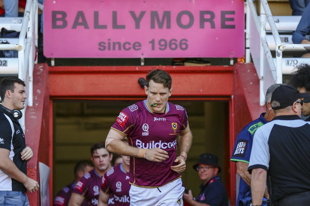Former Aussie Sevens star Con Foley leads UQ onto Ballymore. Photo: QRU Media/Brendan Hertel