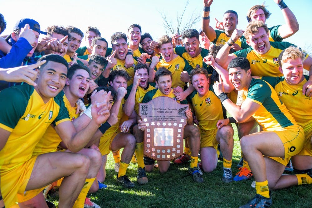 Australian Schools and U18s celebrate their drought-breaking win over New Zealand Schools. Photo: Dave Lintott Photography