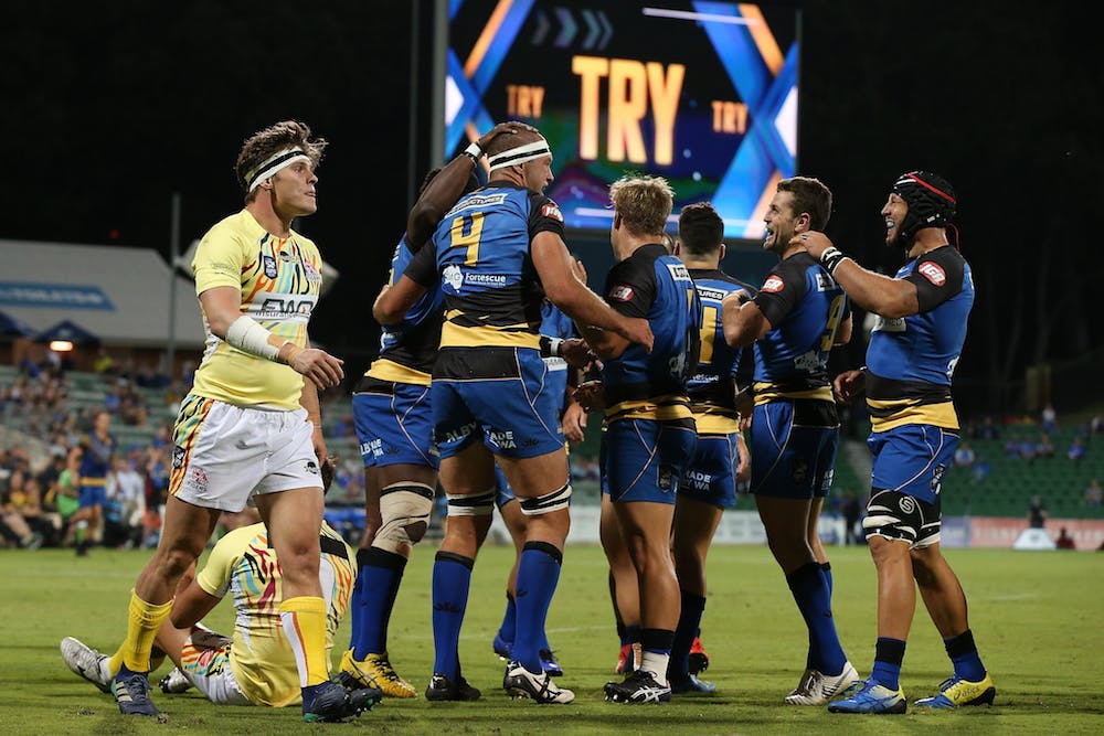 The Western Force after scoring in the 2019 Rapid Rugby series. Photo: Getty Images
