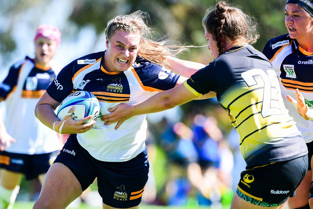 2019 Super W player of the year Tayla Stanford takes the ball up for the Brumbies. Photo: Stu Walmsley/RUGBY.com.au