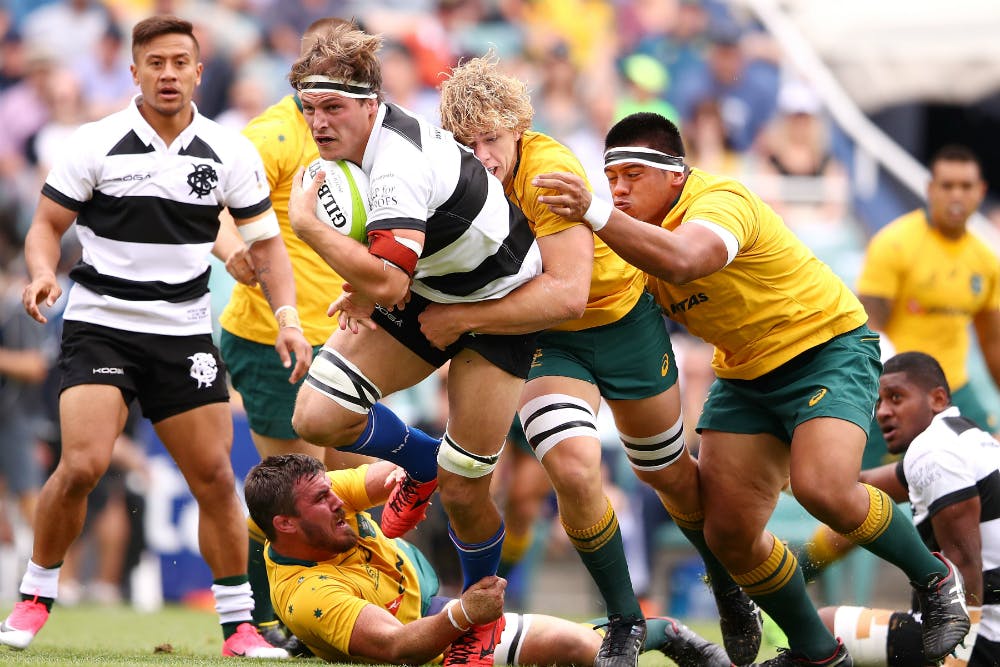 Luke Jones makes a break for the Barbarians against the Wallabies in 2017. Photo: Getty Images