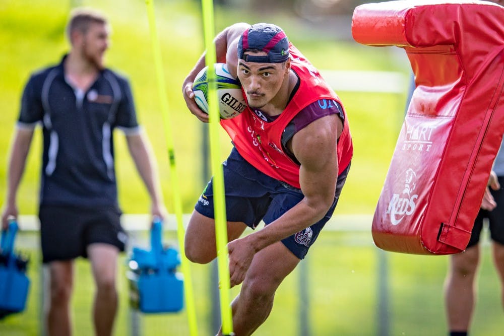 Jordan Petaia training with the Reds before a shoulder dislocation ended his Super Rugby season. Photo: QRU Media/Brendan Hertel