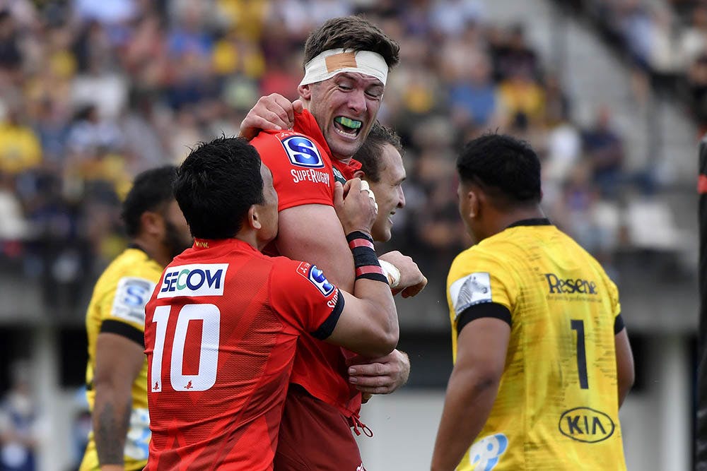 Michael Stolberg celebrates a try against the Hurricanes. Photo: Getty Images