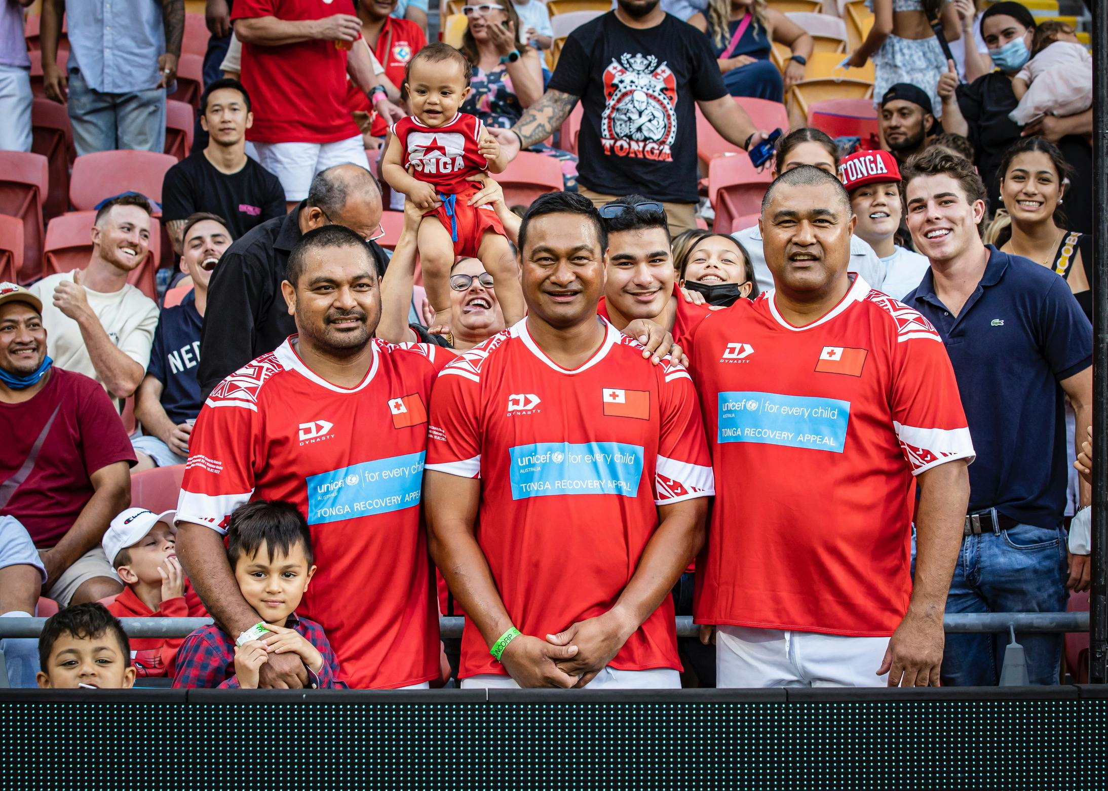 The Kefus (from left) Mafi, Steve and Toutai played in the Tongan Invitational XV in 2022 to raise money for Tonga’s recovery from a volcanic eruption: Photo: Brendan Hertel
