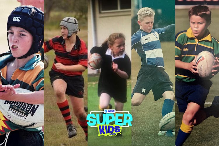 Queensland Reds players (L-R) Jock Campbell, Harry Wilson, Carys Dallinger, Tom Lynagh and Fraser McReight in their junior rugby days 