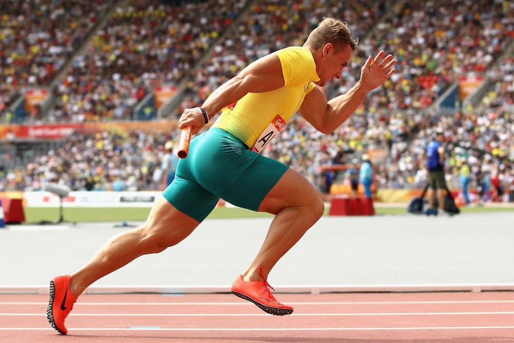 Trae Williams in action for the Australian men's 4 x 100m sprint relay team. Photo: Getty Images