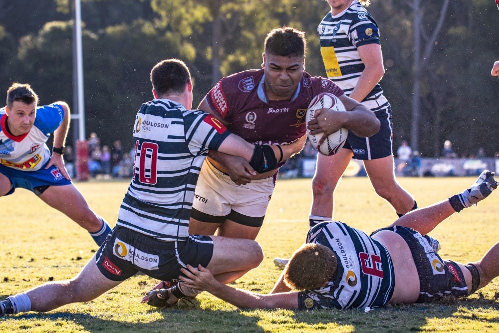 University No.8 Iona Halaholo crashes over for his try against Brothers at Ashgrove. Photo: Brendan Hertel, QRU