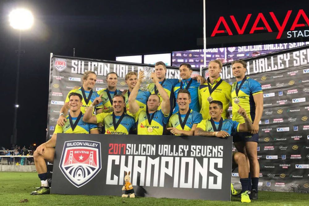 The Australian Men's Sevens side have claimed their third straight title. Photo: ARU Media