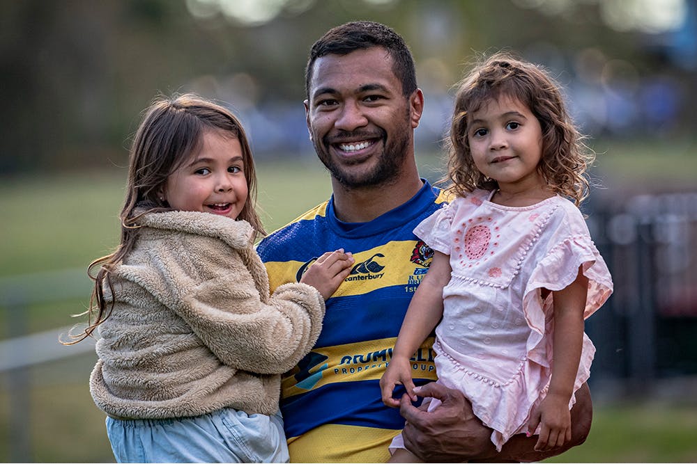 Easts fullback Aidan Toua with daughters Matilda, 5, and Leila, 3 | Brendan Hertel