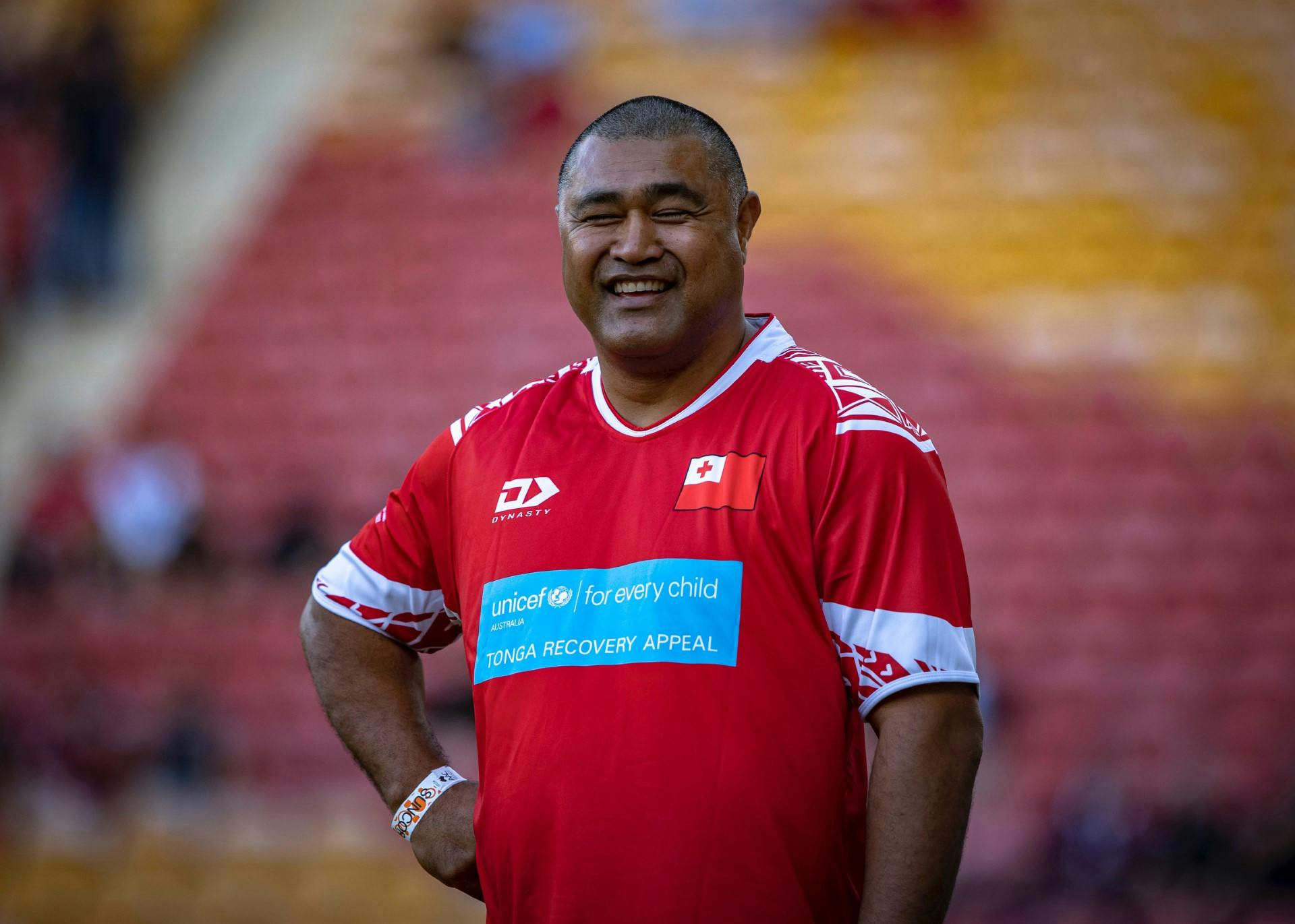 Wallaby turned Tongan coach Toutai Kefu…playing for the Tongan Invitational XV in 2022 to raise funds for Tonga’s recovery from a devastating volcanic eruption. Photo: Brendan Hertel