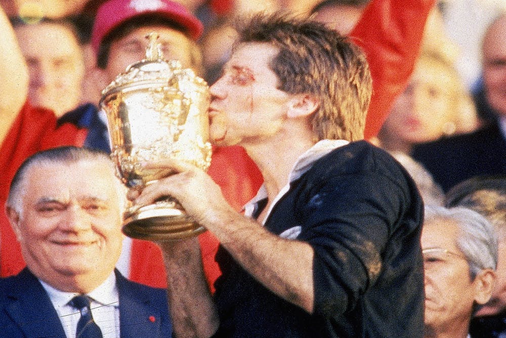 New Zealand captain David Kirk kisses the Webb Ellis Cup in 1987. Photo: Getty Images