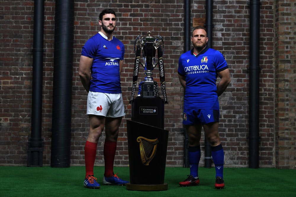 Captains Charles Ollivon of France and Luca Bigi of Italy pose with the Six Nations Trophy prior to the competitions suspension. Photo: Getty Images