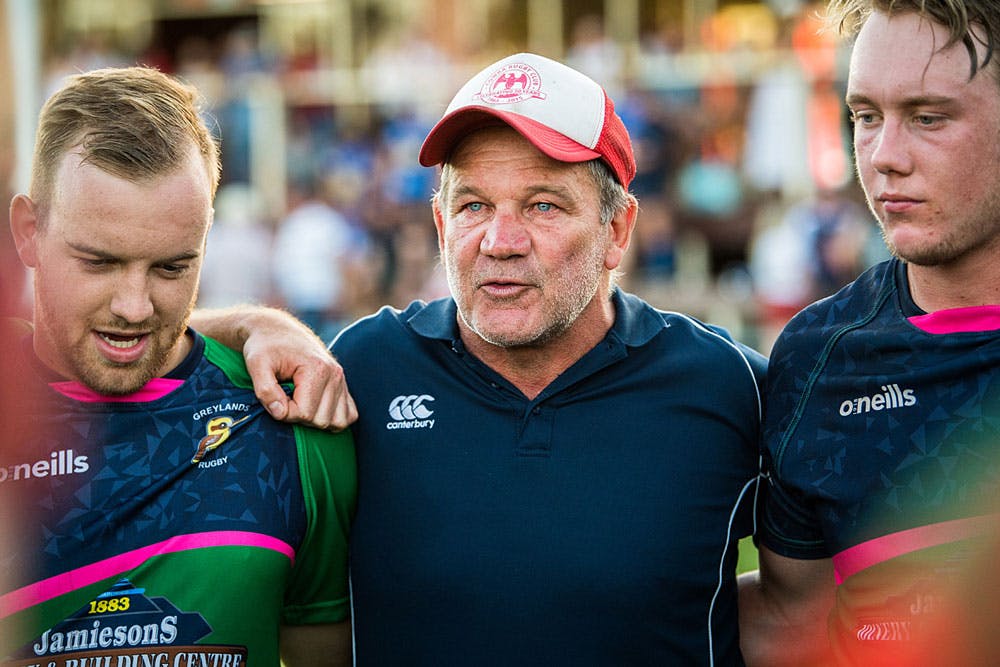 A misty-eyed Greylands coach Col Jeffs thanks his players after winning Cowra Tens. Photo: RUGBY.com.au/Stuart Walmsley
